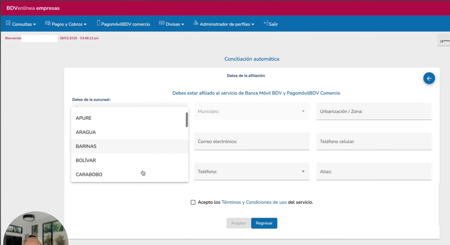 BDV Formulario - Parámetros de servicio y Términos